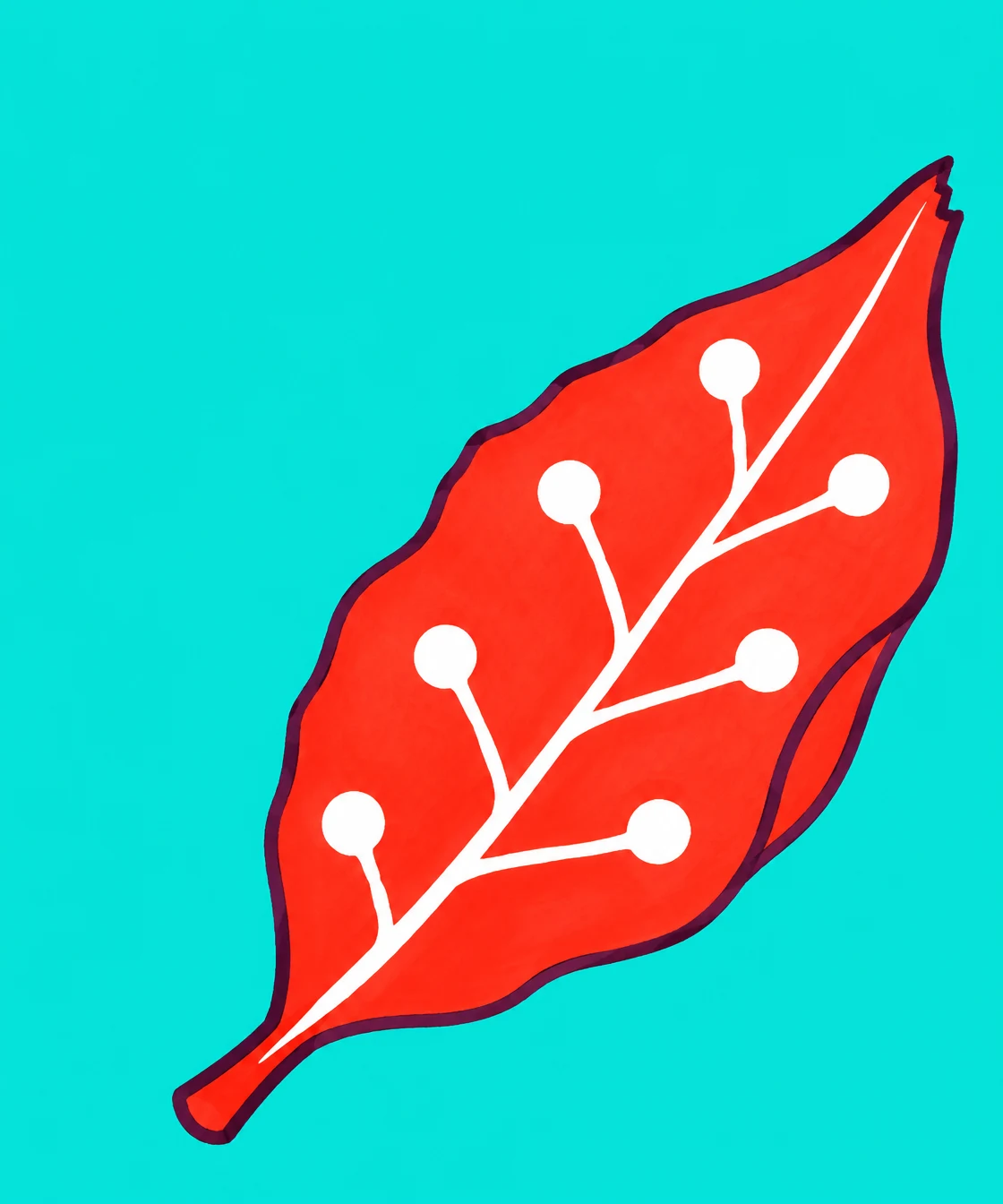 A large vermilion leaf illustration lies diagonally across a bright teal background, outlined in plum and marked with a white branching midrib ending in round…