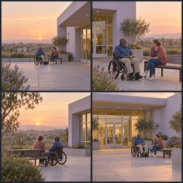 A two-by-two contact sheet shows an older man in a manual wheelchair talking with a woman seated on a bench on a paved terrace outside a pale lavender building…