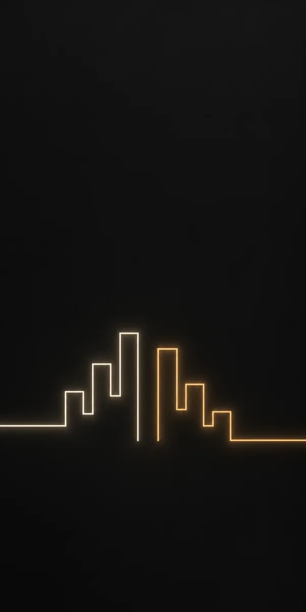 Two glowing right-angle contours, one ivory and one amber, form unequal stepped projections across the lower-middle of a dark charcoal field; both lines…