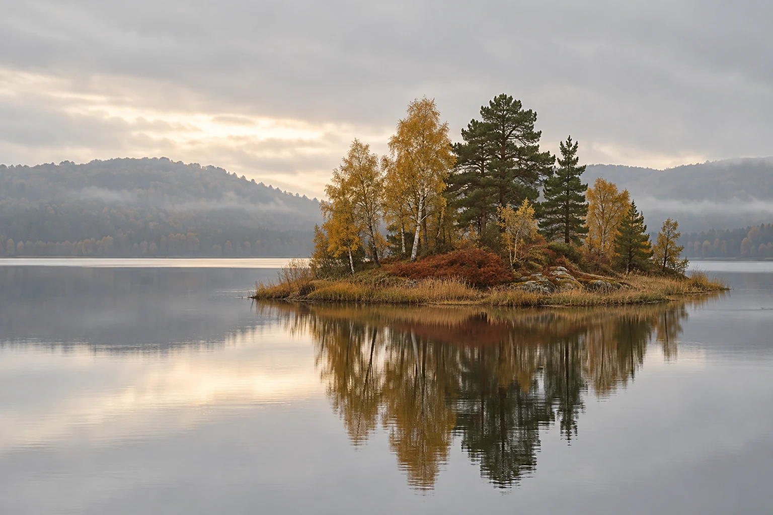 A small reed-fringed island with golden birches, dark pines and rust-coloured bracken sits in a still lake, reflected beneath a pale sky; misty wooded hills…