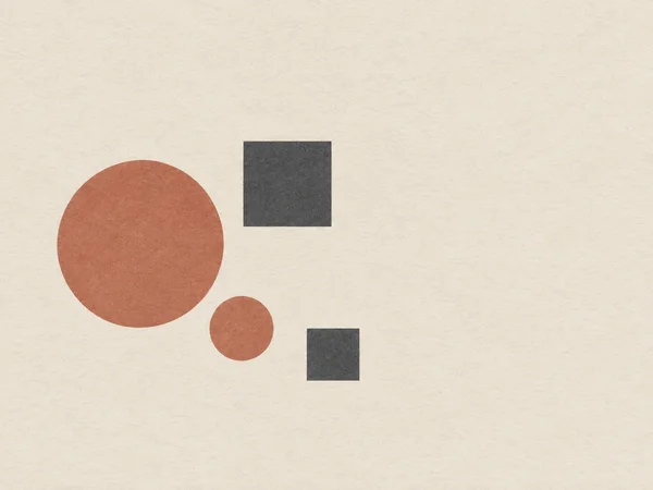A minimalist abstract composition of two dusty terracotta circles and two graphite squares on a warm, textured off-white background, with the shapes arranged…