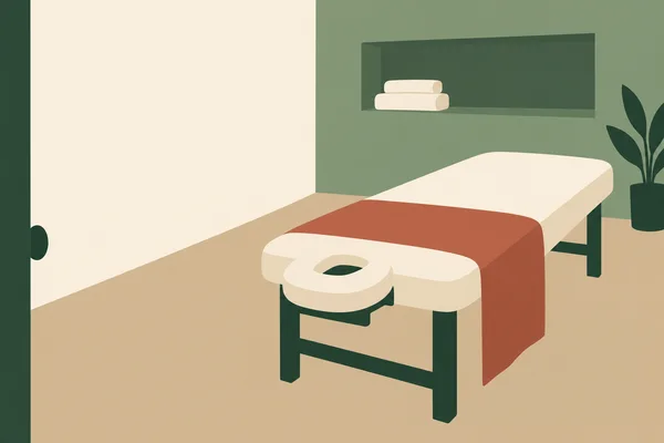 An empty spa treatment room with a cream massage table angled across the foreground, a terracotta drape over its near edge, and a circular face-cradle opening.