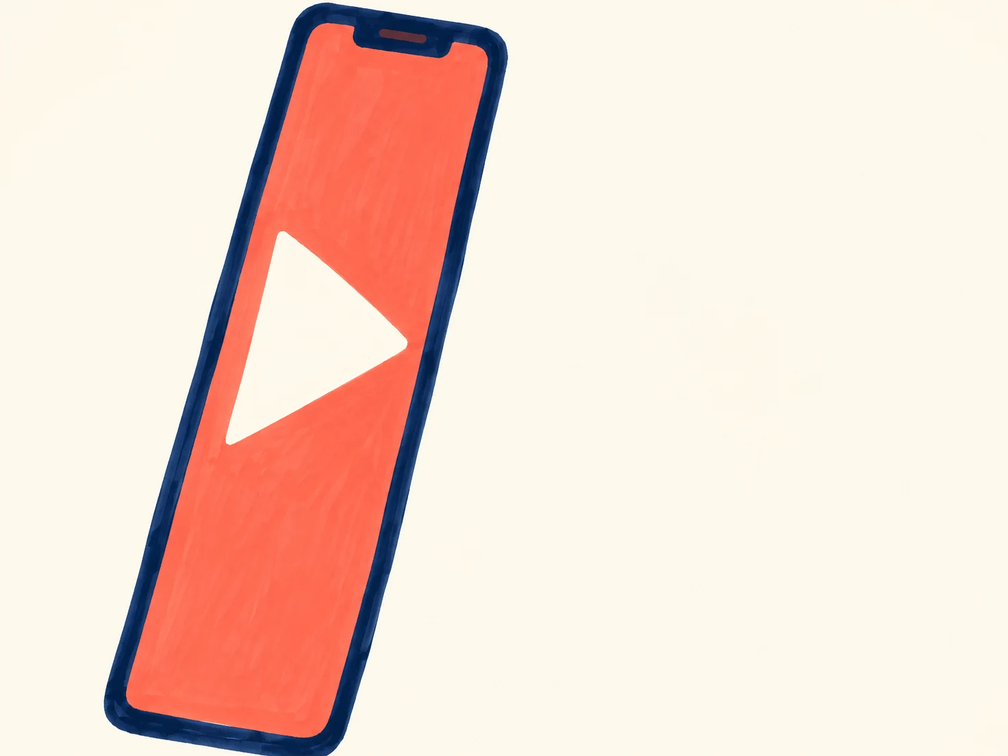 A tall navy-outlined smartphone leans diagonally across a warm cream background, with a coral screen and a large cream triangular play symbol; broad…