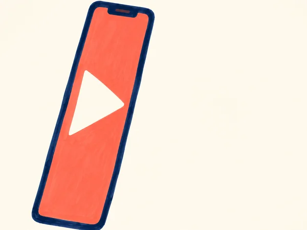 A tall navy-outlined smartphone leans diagonally across a warm cream background, with a coral screen and a large cream triangular play symbol; broad…