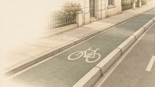 An elevated oblique illustration of a protected cycle lane marked with a large bicycle pictogram, beside a paved sidewalk and stone building; a raised curb…