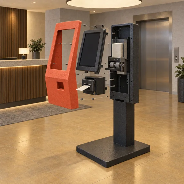 An exploded vermilion self-check-in kiosk stands on a dark weighted pedestal in a hotel lobby, with its blank screen, card feeder, rollers and partly dispensed…