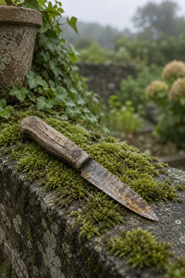 An old wooden-handled, rust-speckled knife lies diagonally across a damp moss-covered stone ledge, with a leafy garden and soft green background behind it.