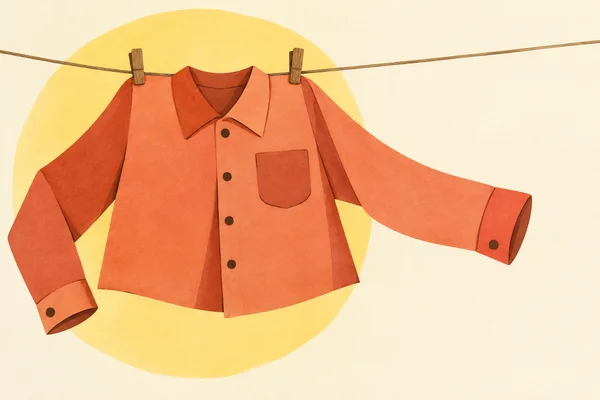 A coral button-up shirt with a chest pocket hangs from two wooden pegs on a clothesline, backed by a large yellow circle against a pale cream background.