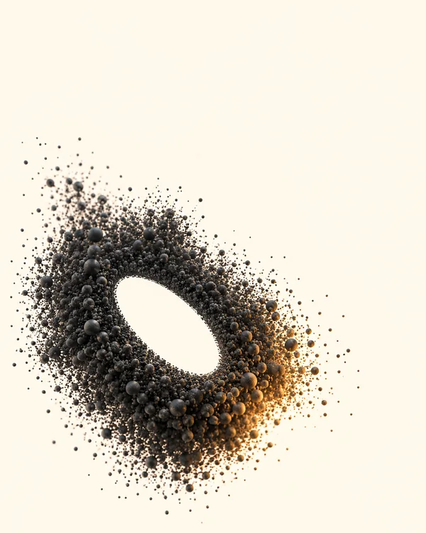 A dense, irregular cloud of dark spherical particles forms a tilted oval opening against a warm ivory background, with amber light on the lower-right side and…