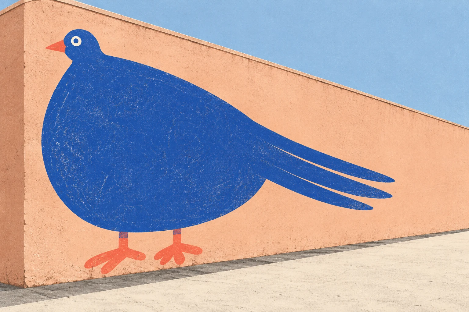 A large cobalt-blue bird mural with a rounded body, small head, long split tail and coral feet stretches across a pale-peach wall beside an ivory pavement…