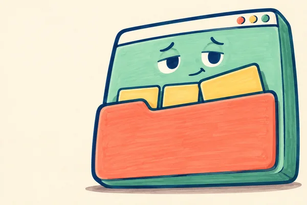A hand-drawn mint desktop window character with a large coral file pocket and three yellow file tiles, one tilted; it has drooping eyes and a small sideways…