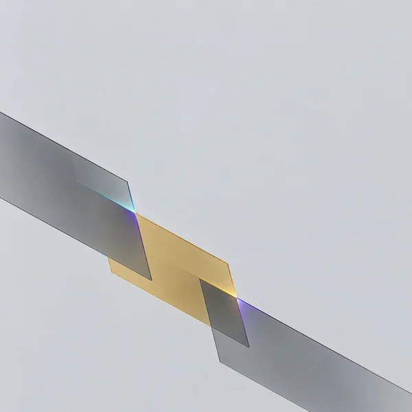 Three translucent geometric planes form a diagonal band across a pale cool-grey square: two smoke-grey sections meet a muted amber section, with thin cyan…
