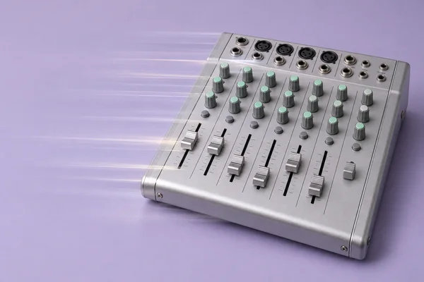 A satin-silver audio mixing console with mint-capped knobs and several faders sits on a lilac surface, with horizontal light trails extending left from the…
