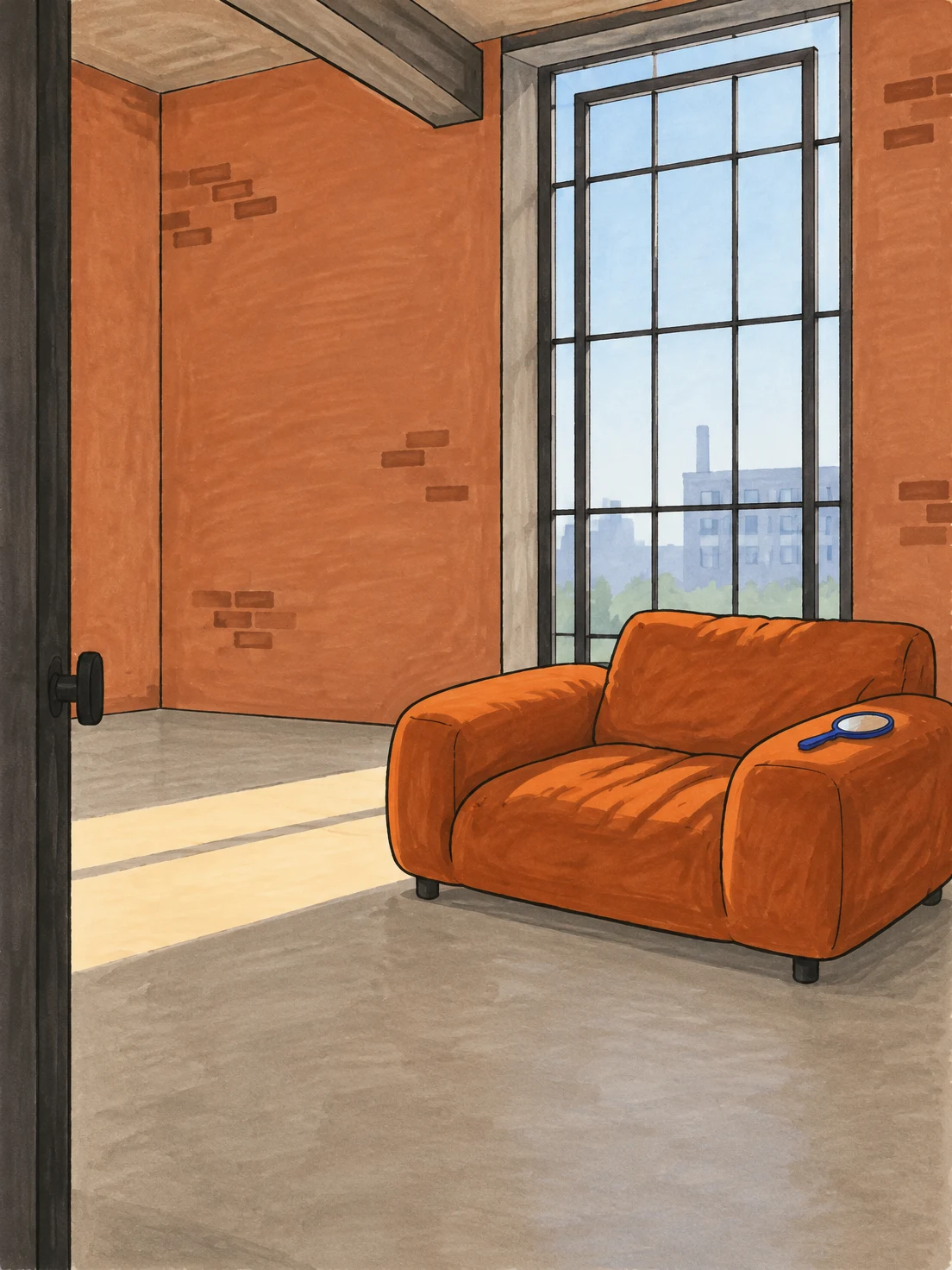 A wide rust-orange lounge chair with oversized arms sits on a concrete floor in a terracotta-walled industrial room, viewed past a dark doorway.