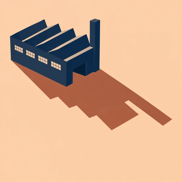 An ink-blue factory with four sawtooth roof bays, rows of windows and a tall rectangular tower casts a long rust-coloured shadow across a pale apricot ground.
