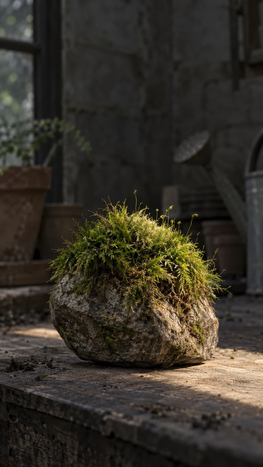 A dense tuft of green moss grows over a large rough stone on a weathered potting bench, with a warm patch of light falling across it in a dim greenhouse.