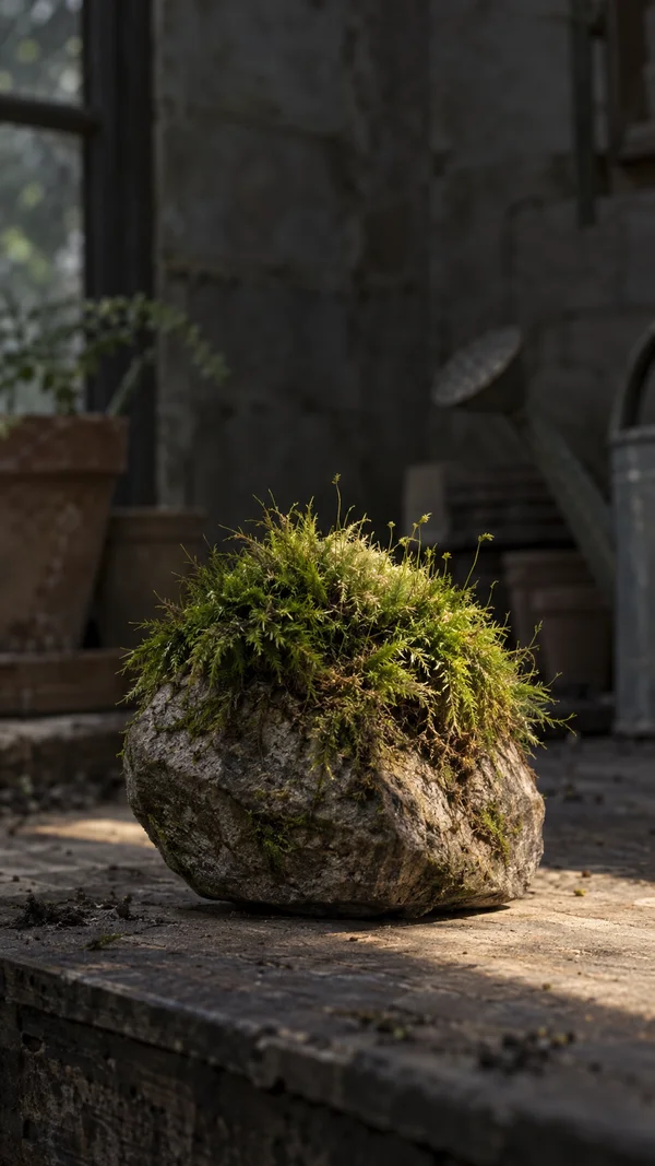 A dense tuft of green moss grows over a large rough stone on a weathered potting bench, with a warm patch of light falling across it in a dim greenhouse.