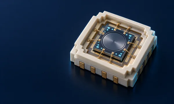 An open square MEMS sensor package sits right of center on a deep navy surface, showing an ivory stepped housing, a dark silicon die with a circular central…