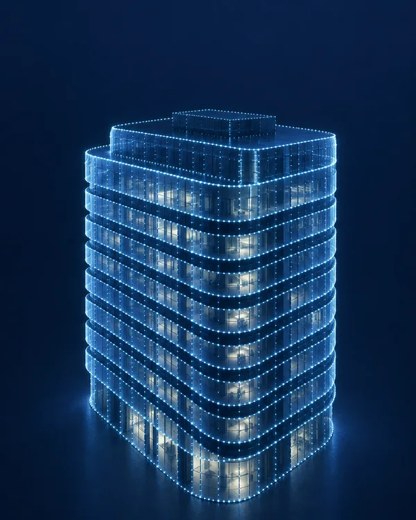 A rounded, multi-storey glass building with cyan lights tracing its facade grid stands against a deep navy background, leaving open space above.
