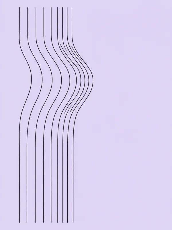 Nine slender charcoal lines run vertically across a pale lilac background, grouped left of centre and bending rightward in a broad wave; the right side is…