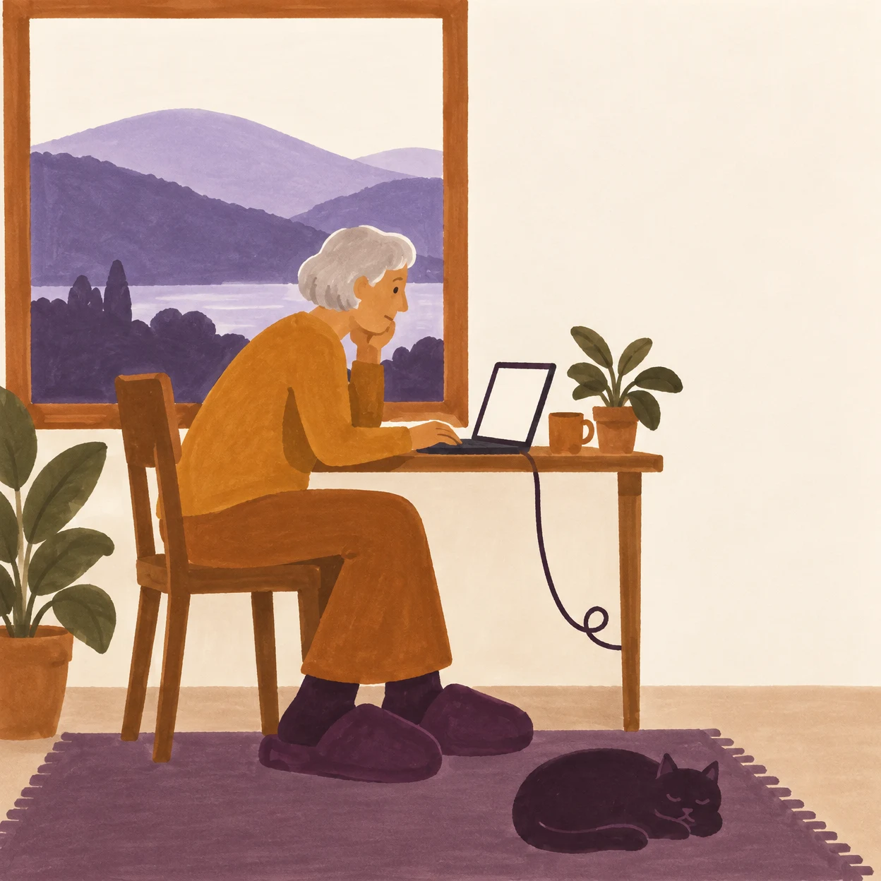 A silver-haired older adult sits at a wooden desk with a laptop, one hand resting at their chin and oversized plum slippers on a rug.
