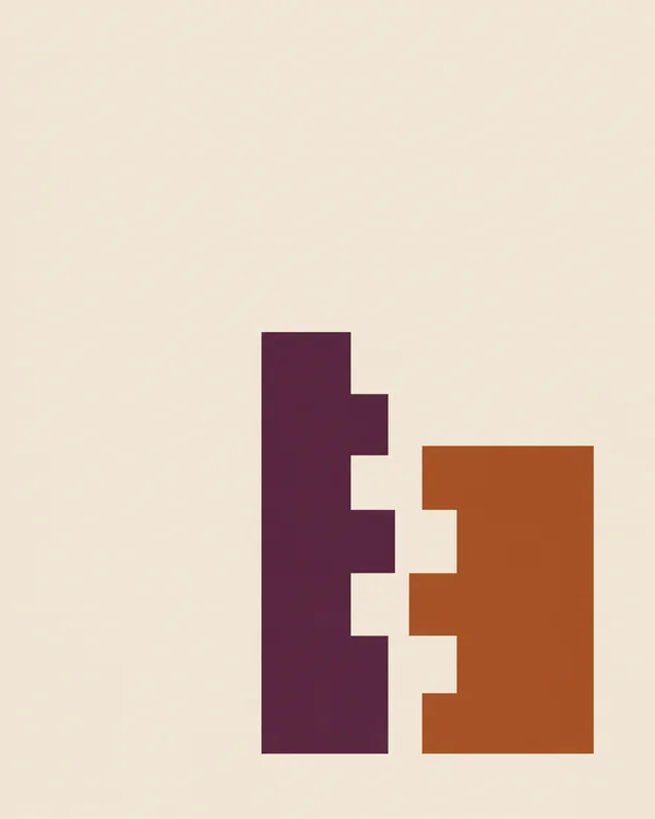 A tall plum geometric form and a shorter, broad burnt-orange form face each other across a zigzag channel on a warm pale background, with ample empty space…