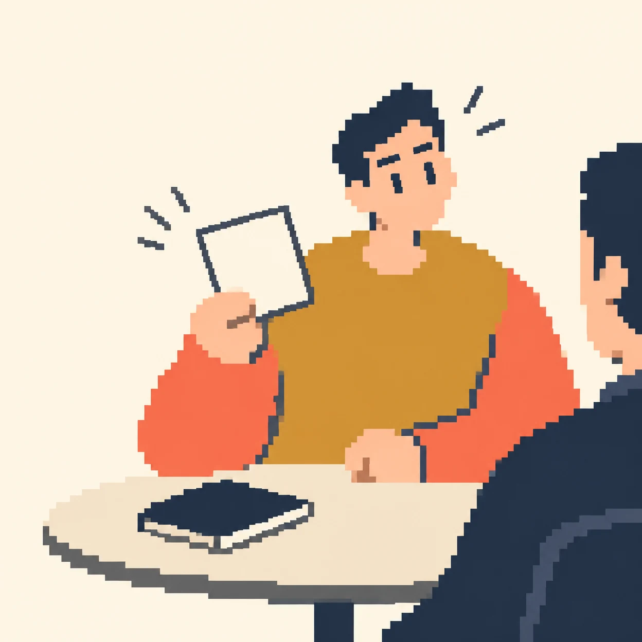 A pixel-style business meeting illustration shows an ochre-clad planner presenting a blank cream card to a colleague seen from behind at the right; a closed…