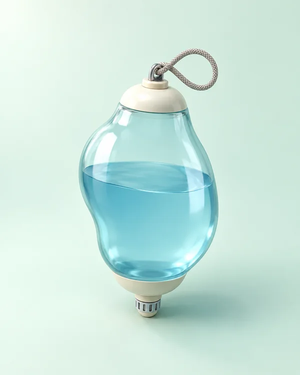 A translucent aqua field water sampler stands upright on a pale mint surface, with a visible blue water level, ivory end caps, a braided loop at the top and a…