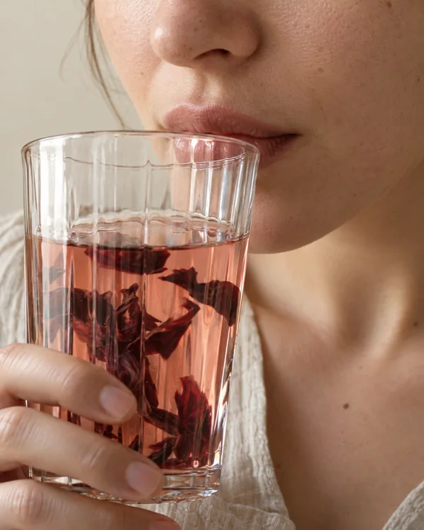 A close vertical portrait shows an adult’s lower face and hand holding a clear fluted glass of pale rosy water with dark hibiscus petals; the lips meet the rim…