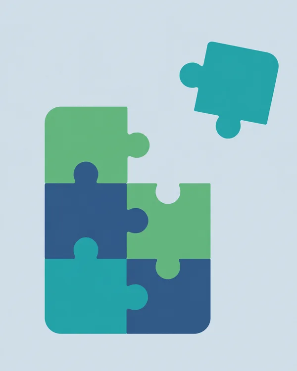 A five-piece, two-column jigsaw forms a tall rounded rectangle in the lower-left area, with a separate teal piece floating above and to the right against a…