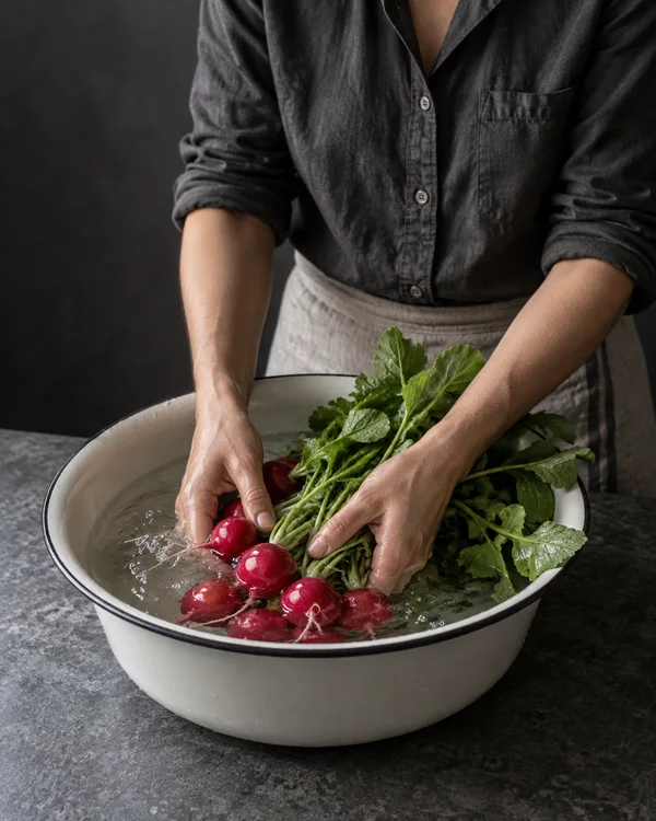 A person in a washed charcoal button-up shirt and light apron swishes a bunch of red radishes through clear water in a pale enamel basin on a mottled worktop…