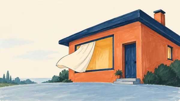 A terracotta house with a broad navy roof, blue front door, and large open window with a cream curtain billowing outward; shrubs and a small potted plant sit…