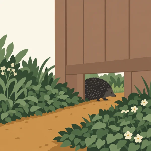 A charcoal hedgehog walks through a low rectangular opening in a clay-brown garden fence, along an ochre path bordered by dense green plants and small cream…