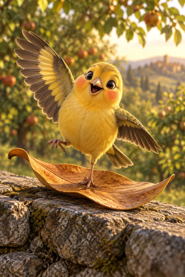A fluffy golden-yellow finch with coral cheeks balances on one foot atop a curled ochre leaf on a stone wall, with its wings spread and the other foot lifted.