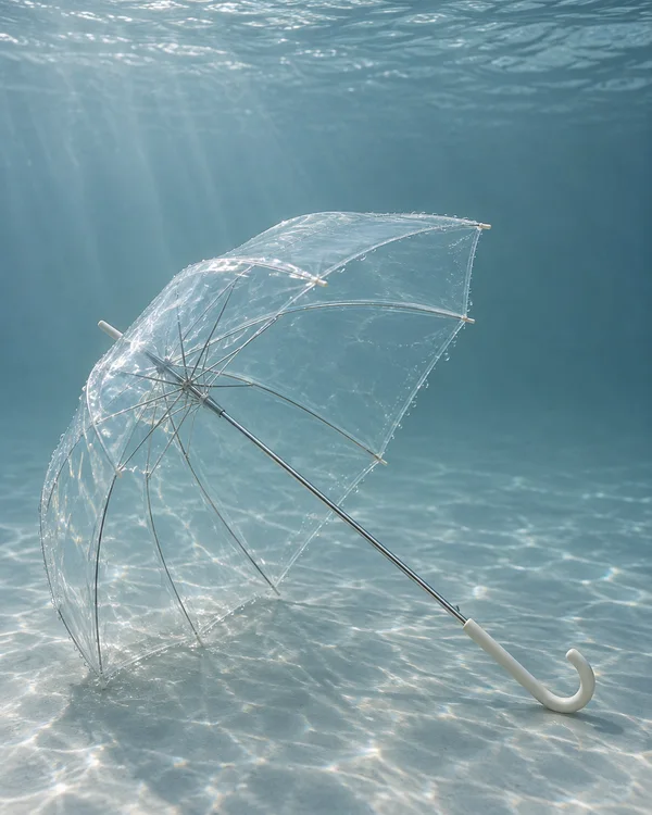 A transparent open umbrella lies diagonally underwater, its canopy edge near the pale tank floor and its ivory hook handle extending to the lower right…