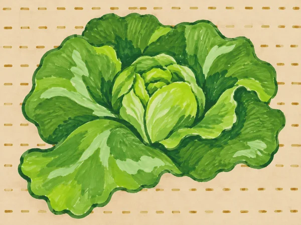 A large, squat green lettuce head viewed slightly from above, with layered ruffled leaves and a tightly folded pale-green center, against a warm linen-colored…
