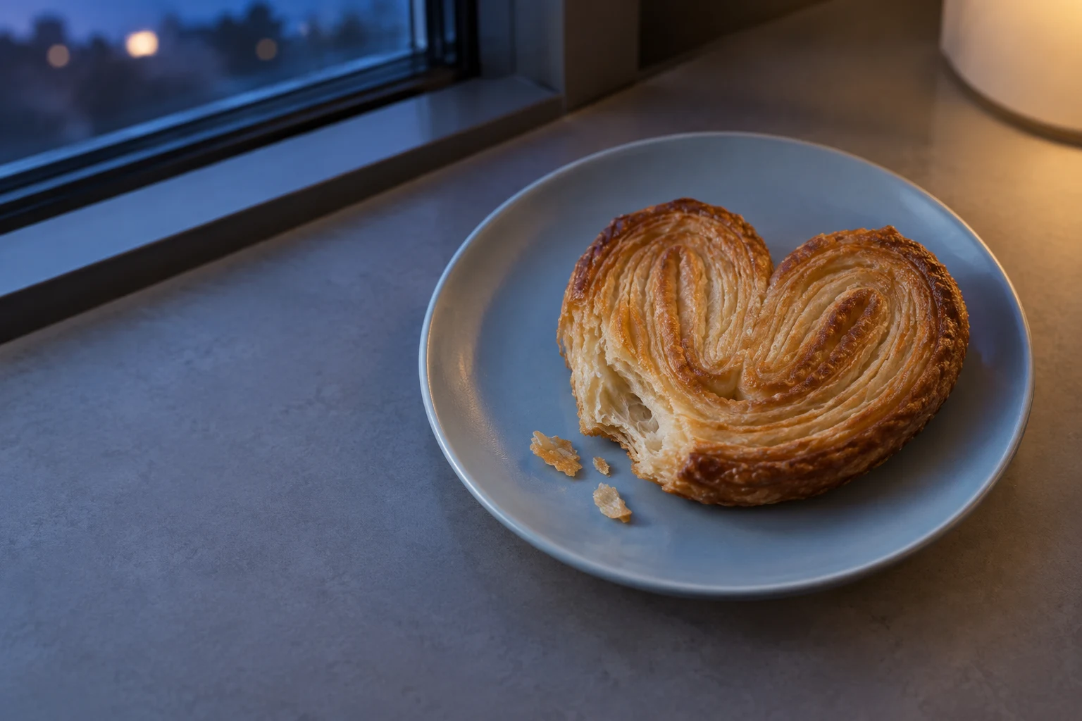 A golden, heart-shaped palmier with a broken edge rests on a pale-blue saucer on a gray tabletop beside a window, lit by cool twilight and a warm lamp.