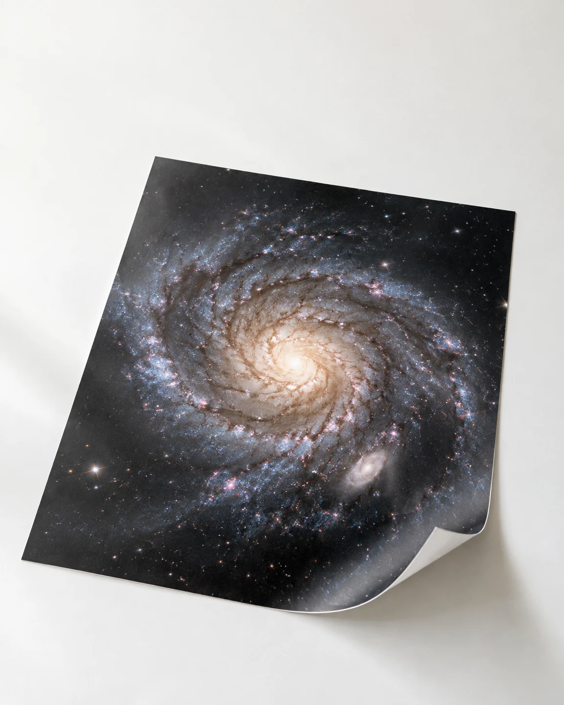 A glossy photographic print of a face-on spiral galaxy lies diagonally on a white tabletop, with its lower-right corner curled upward and a broad area of empty…