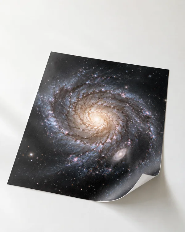 A glossy photographic print of a face-on spiral galaxy lies diagonally on a white tabletop, with its lower-right corner curled upward and a broad area of empty…