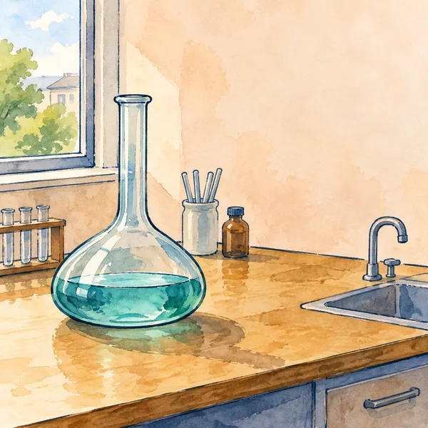 A large glass flask with a tall narrow neck and broad rounded belly holds turquoise liquid on an ochre laboratory bench.