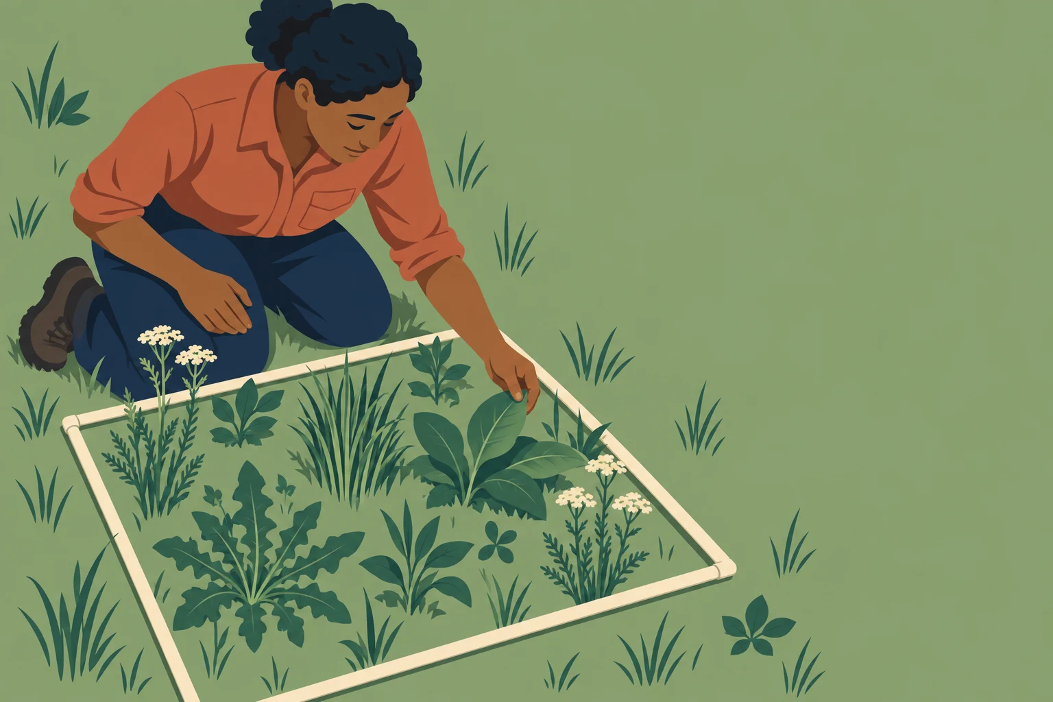 A field ecologist in a terracotta shirt and navy trousers kneels beside a cream square quadrat in a sage-green meadow, reaching toward a broad leaf among…