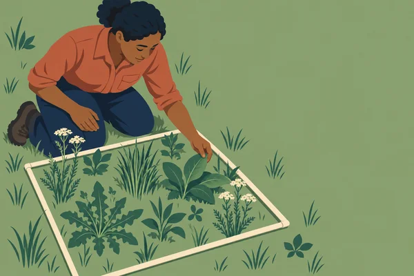 A field ecologist in a terracotta shirt and navy trousers kneels beside a cream square quadrat in a sage-green meadow, reaching toward a broad leaf among…