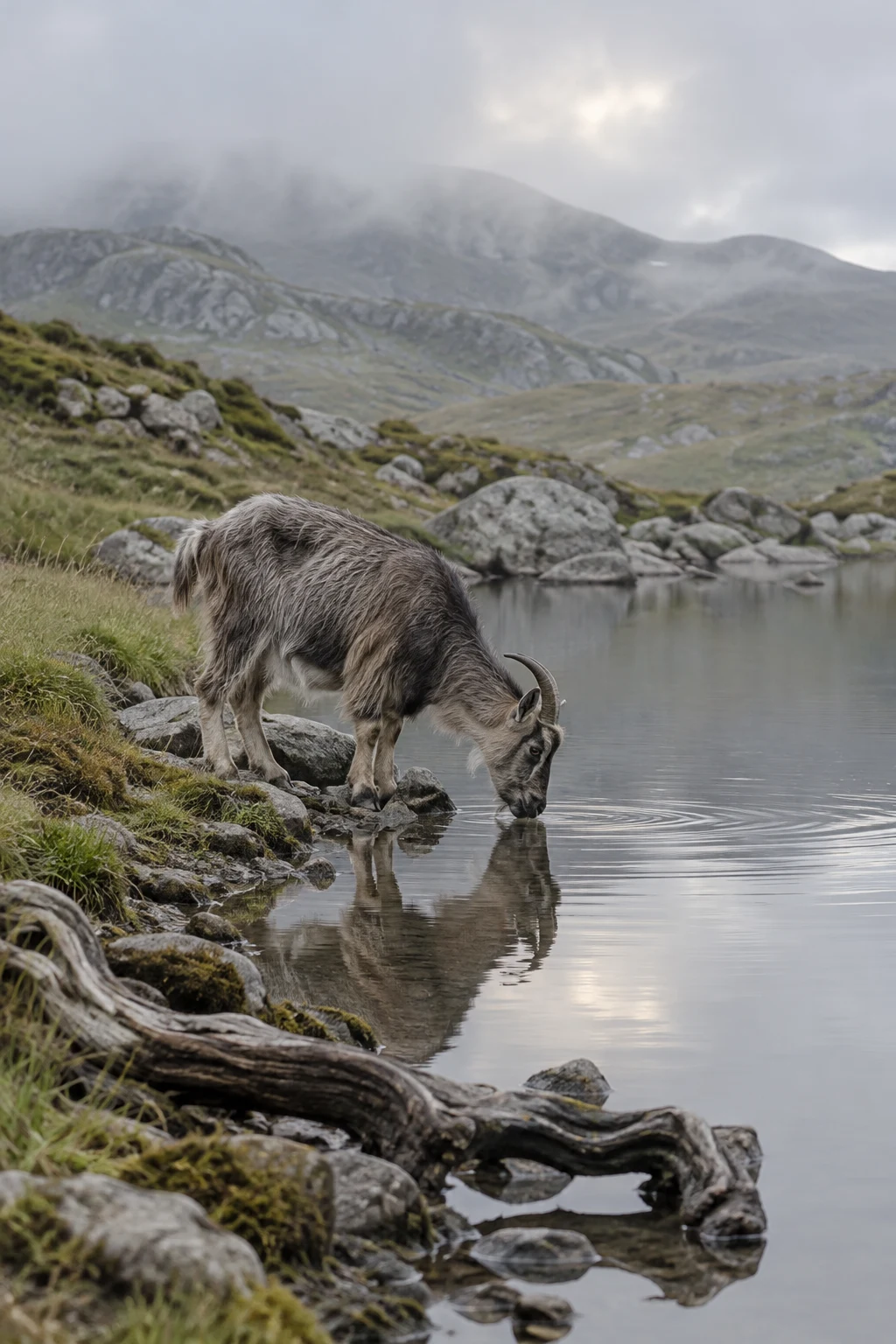 A shaggy grey-brown goat lowers its head to drink from a still mountain tarn, with its reflection and ripples visible below; a weathered root lies across the…