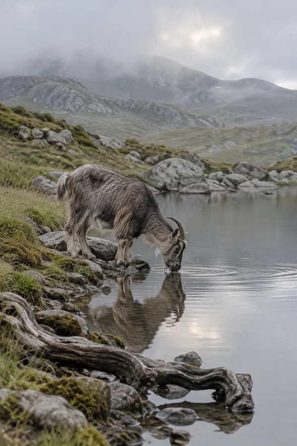 A shaggy grey-brown goat lowers its head to drink from a still mountain tarn, with its reflection and ripples visible below; a weathered root lies across the…