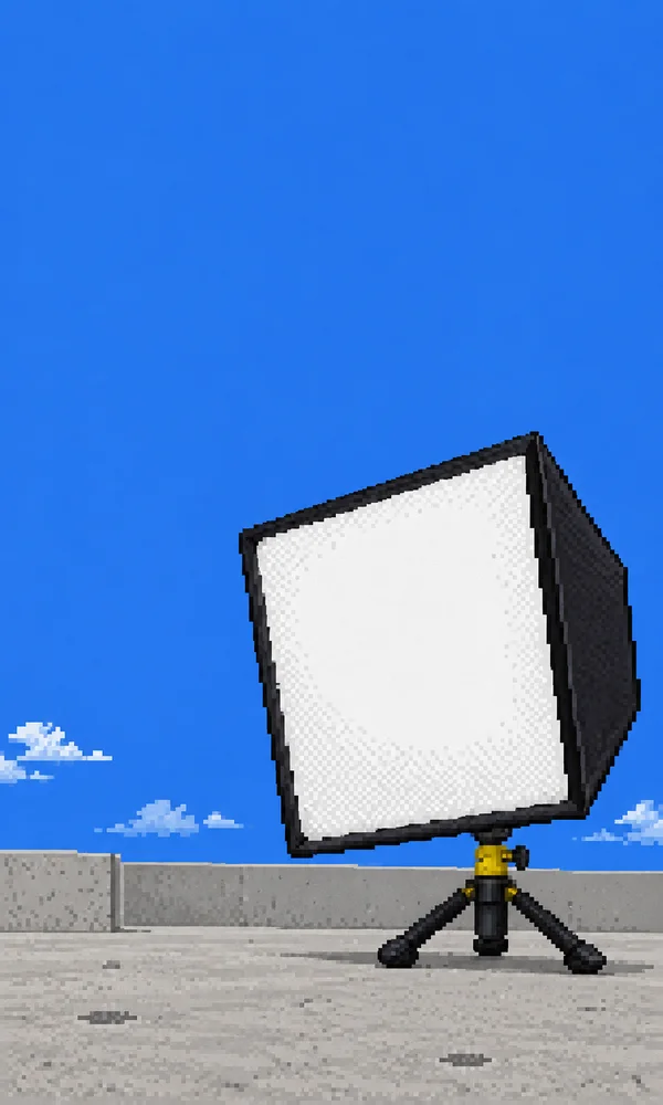 A large square photographic softbox with a black rim stands on a short black tripod with a yellow mounting joint on a gray concrete rooftop.