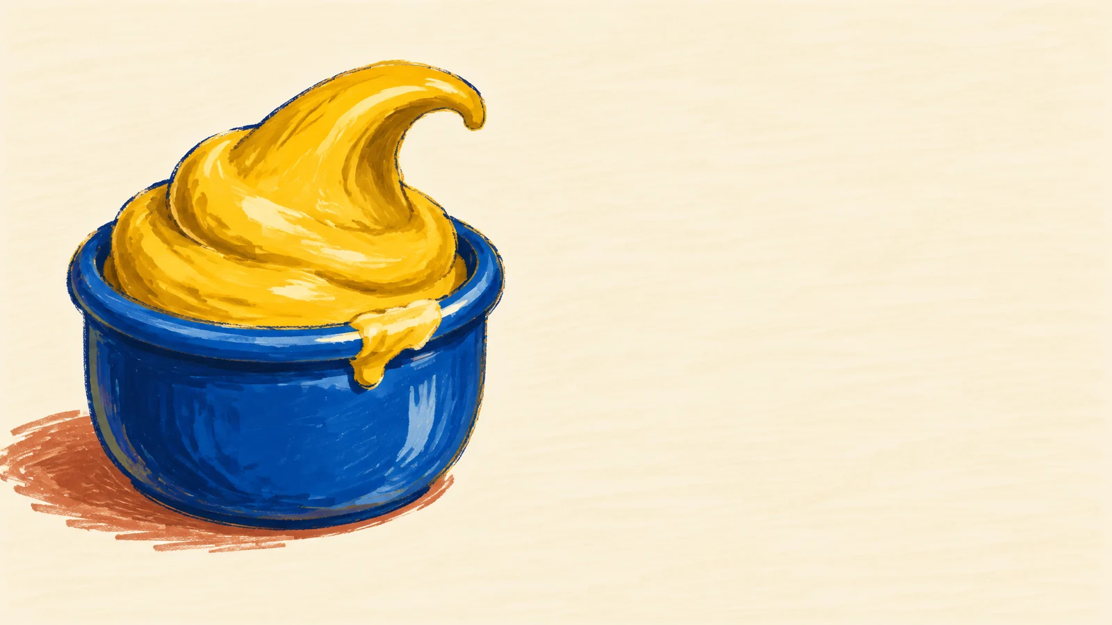 A large cobalt-blue ceramic crock filled with a tall curl of golden mustard sits on the left against a warm cream background, with a rust-coloured shadow and…