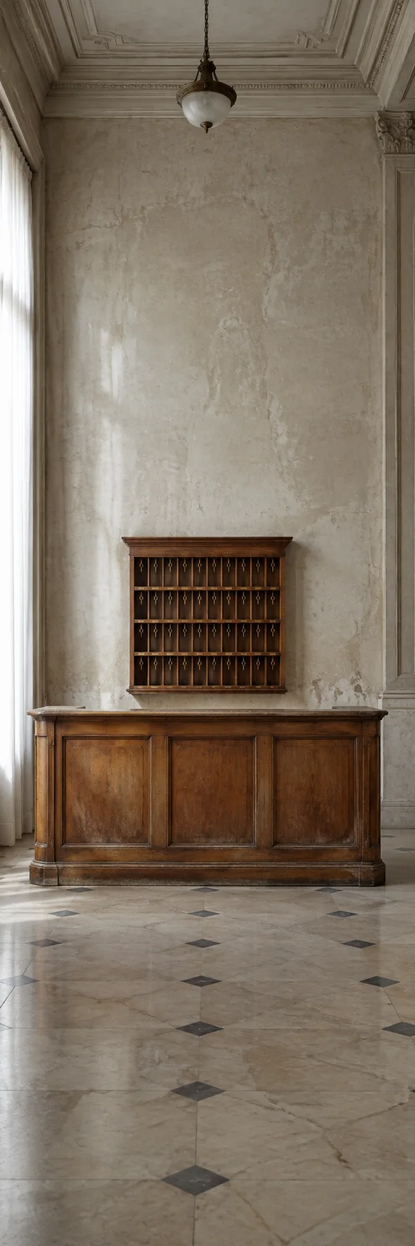 A worn wooden hotel reception counter stands beneath a wall-mounted cabinet of brass hooks in an empty historic lobby, with aged plaster walls, a tall…