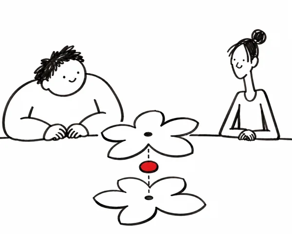 A hand-drawn black-marker illustration shows two makers seated at a table, looking toward two separated white five-lobed paper flowers with a red circular…
