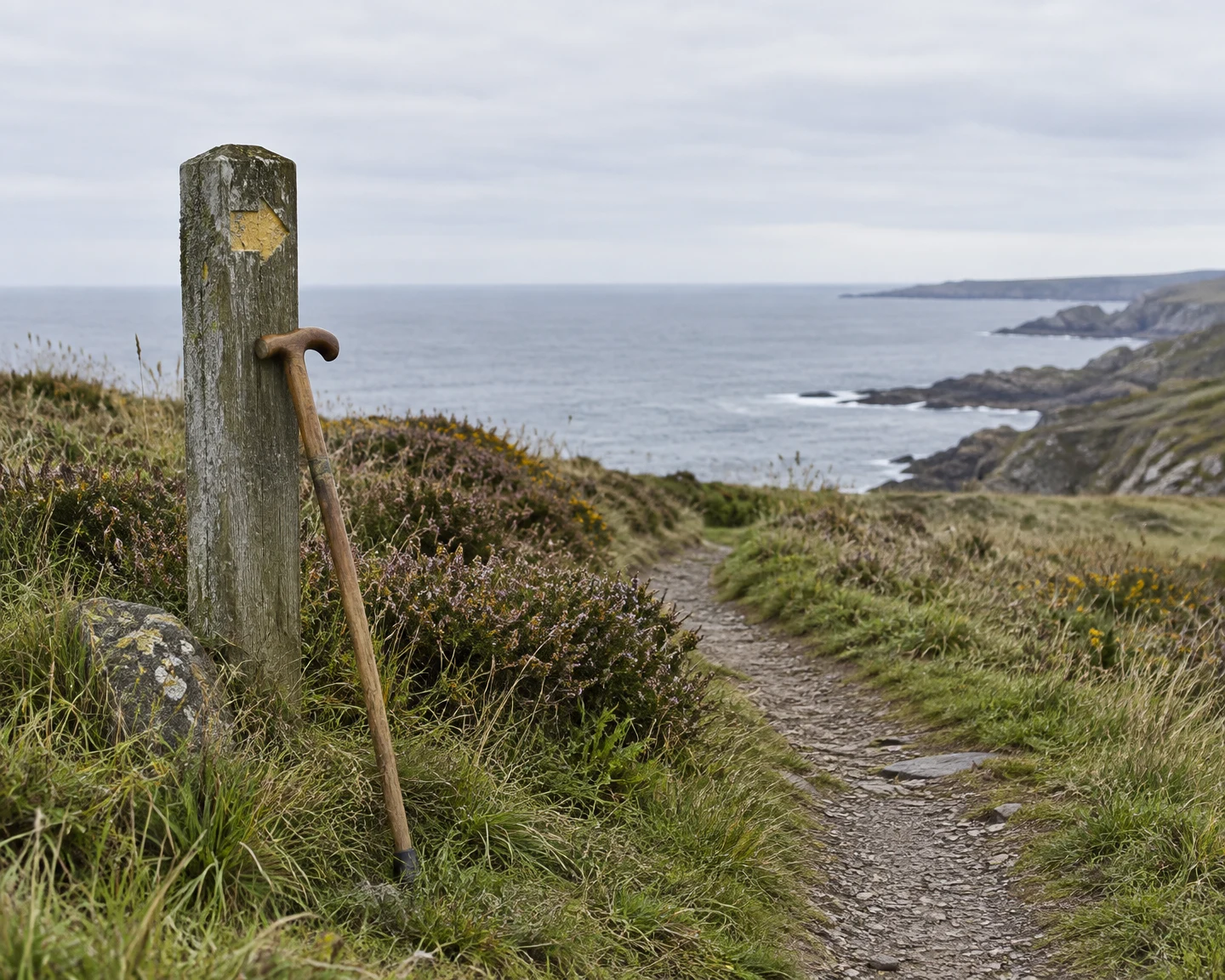A weathered wooden waymarker with a faded yellow arrow stands beside a rocky footpath through coastal grass and heather.