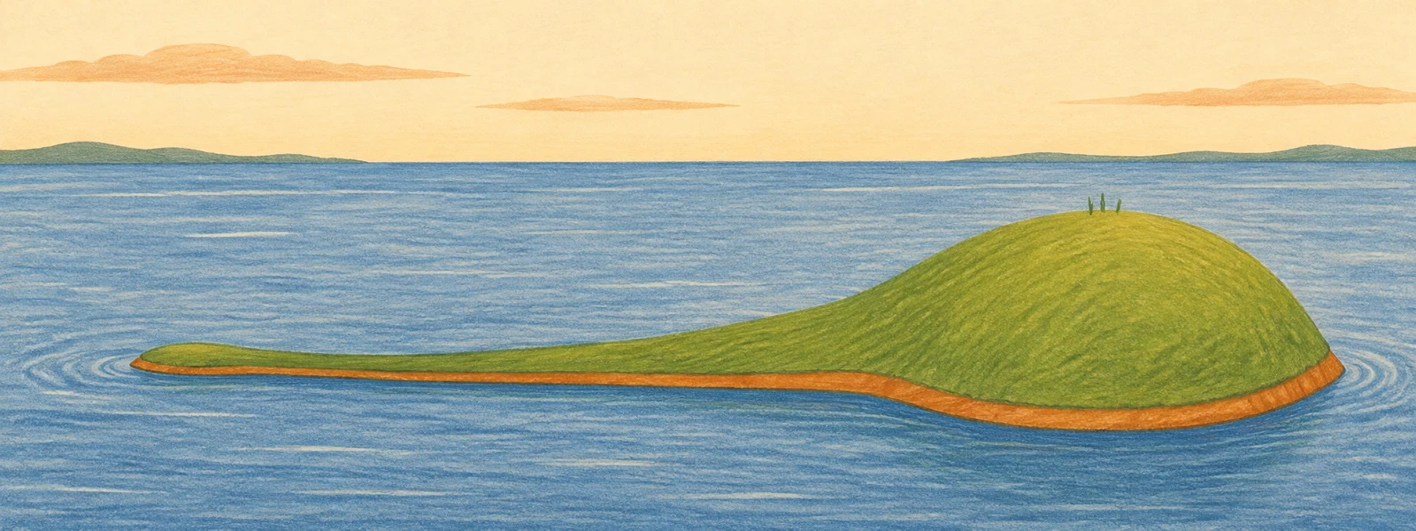 A long, low grassy island with an oversized rounded hill on the right sits in blue water beneath a warm cream sky, with distant low hills along the horizon.